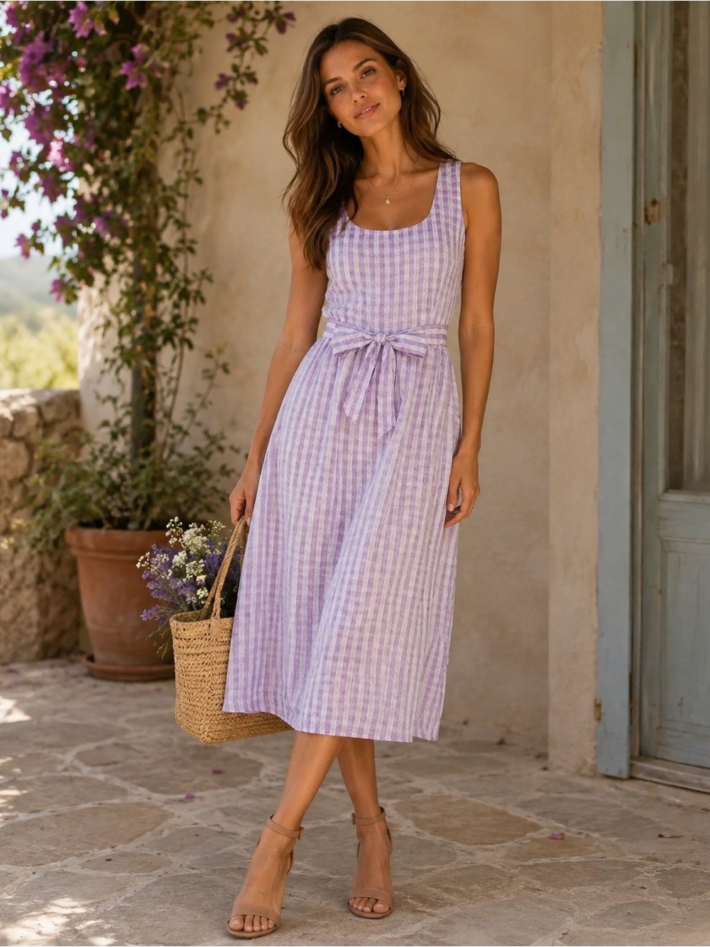 DKNY Summer Lavender/White Checkered Midi Dress NWT